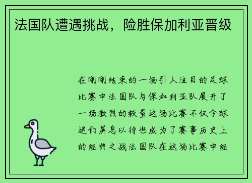 法国队遭遇挑战，险胜保加利亚晋级